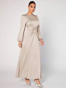 Modelyn Ladies' Round Neck Lantern Sleeve Arabian Abaya Dress,Elegant Evening Party Maxi Dress - Apricot - View 5