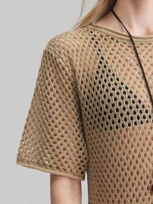 Ontre Women's Crochet Long Dress, Short Sleeve, Beach Style, Oversized Bohemian, Round Neck, Brown Knitted Long Dress, Spring Outfit