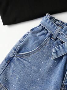 Tween Girl' New Fashionable Denim Shorts With Ruffled Waist And Rhinestone Design