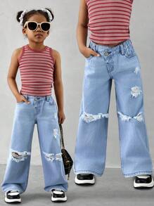 Young Girl Ripped Distressed Casual Fashionable Slant Placket Denim Straight Jeans