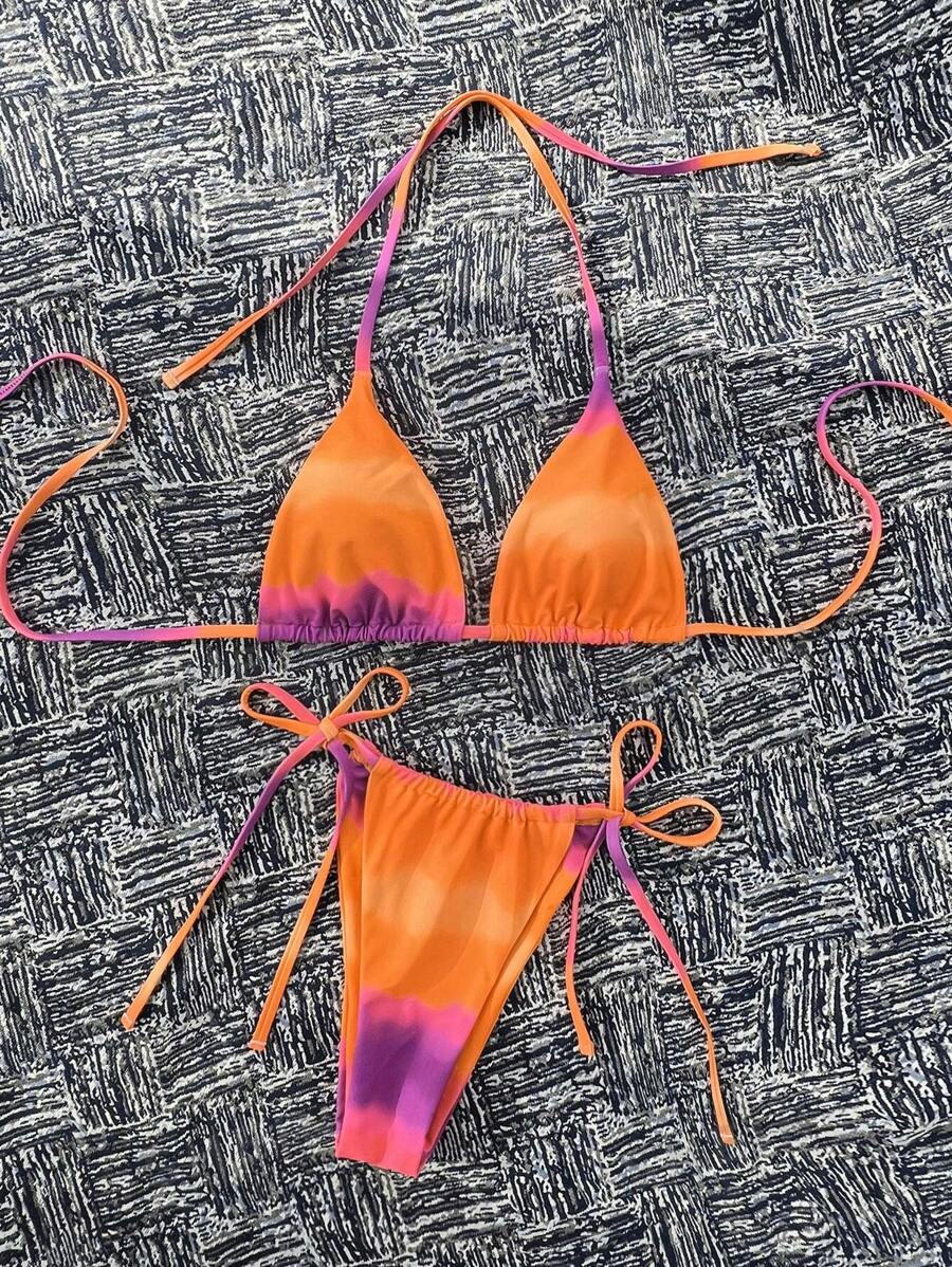 Swim Vcay 2 Stück/Set Springbreak Damen Bademode Sommer Outfits, modischer Farbverlauf Träger-Trägertop und Bikini-Hose mit Seitenbindung Bikini-Set - Verschiedenfarbig - Übersicht 1
