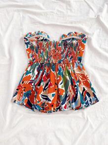 Soleia Top sin tirantes con estampado retro de rosas, cuello con volantes, cintura con twist y bajo en línea A, diseño estilizador para vacaciones, fiesta, cita, Día de San Valentín
