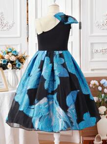 女童无袖黑色蝴蝶提花优雅蓝色卢勒克斯连衣裙 - 黑色 - 查看 2