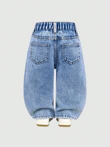 SHEIN Baby Girl Fashion Casual Slant Placket Frayed Hem Design Washed Denim Straight-Leg Pants - Light Wash - View 2