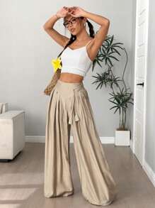 Flirla Damen locker sitzende weite Palazzo Hose mit Quasten, entspannter Urlaubsstil
