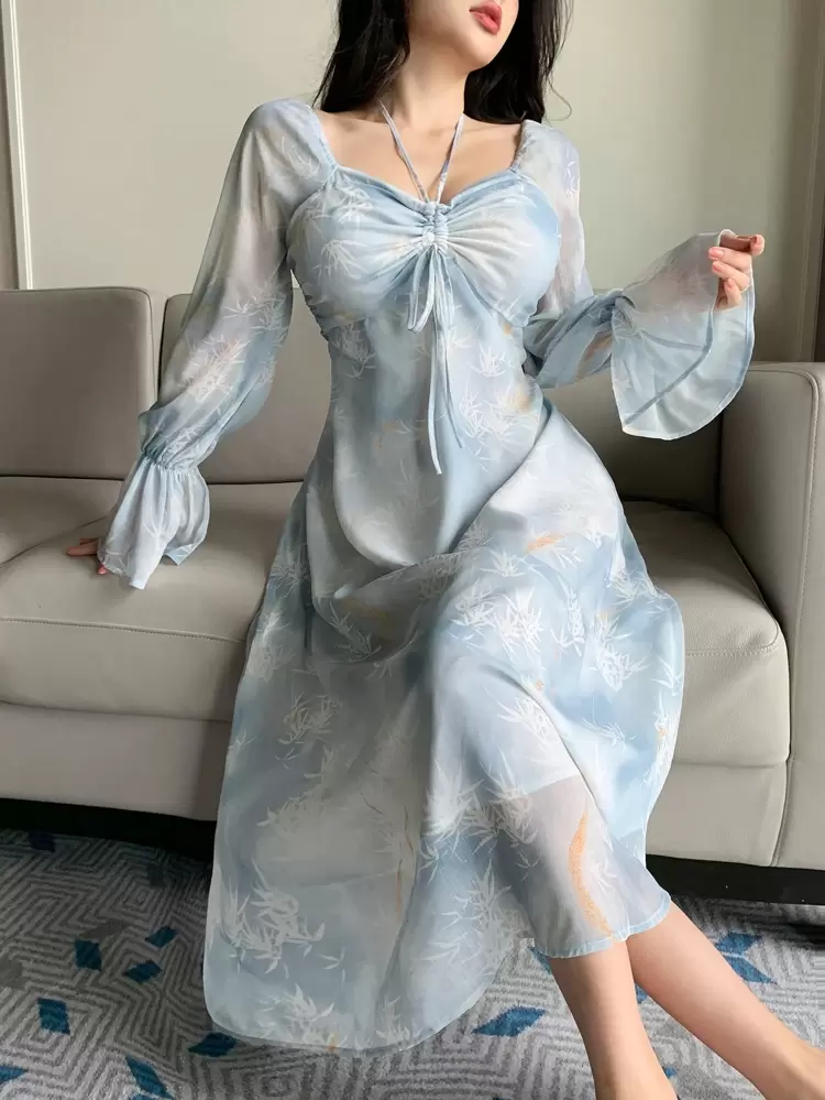 Fall New Bohemian Style Halter Neck Long Dress For Beach Holiday Long Sleeve Dress Floral