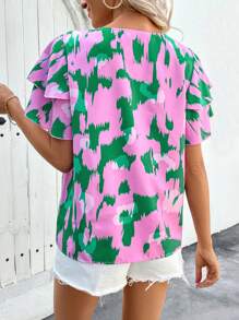 EMERY ROSE Blusa con mangas con volantes y estampado de mariposas para vacaciones de primavera/verano de mujer - Multicolor - Ver 2