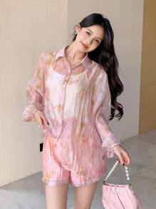 DAZY 2pcs Women Summer New Arrival Spring Style Floral Print Blouse & Shorts Set For Dating,Fall Women Clothes - Baby Pink - View 6