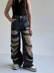 Tween Girls Y2K 街头风格复古洗水做旧宽松阔腿加长牛仔裤，面料柔软舒适，2025 年必备单品，适合日常穿着，四季皆宜