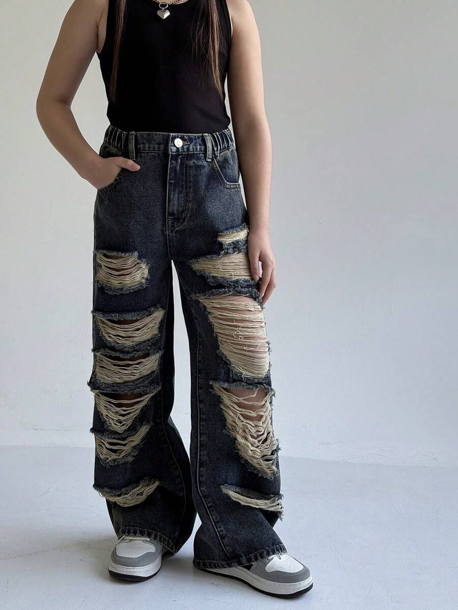 Tween Girls Y2K 街头风格复古洗水做旧宽松阔腿加长牛仔裤，面料柔软舒适，2025 年必备单品，适合日常穿着，四季皆宜