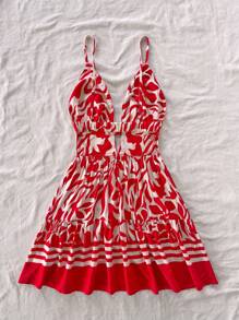 Soleia Island Holiday 女式 V 领镂空后背修身喇叭迷你连衣裙，花卉和复古印花