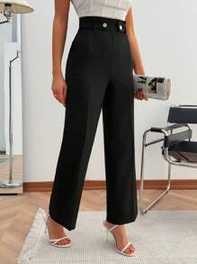 EURMUSE Women's Solid Button Accessory Detailed Elegant Pants - Black - View 6