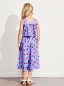 THE HAPPY LOOK Conjunto de top de tirantes y pantalones de pierna ancha con estampado de cerezas para niñas, ideal para verano