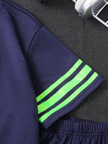 SHEIN Leap Crew 2pcs Tween Boy Casual Sports Matching Set - Comfortable Crew Neck T-Shirt And Shorts, Suitable For Commuting, School, Daily Casual, Vacation, Sports, Spring/Summer - Navy Blue - View 3