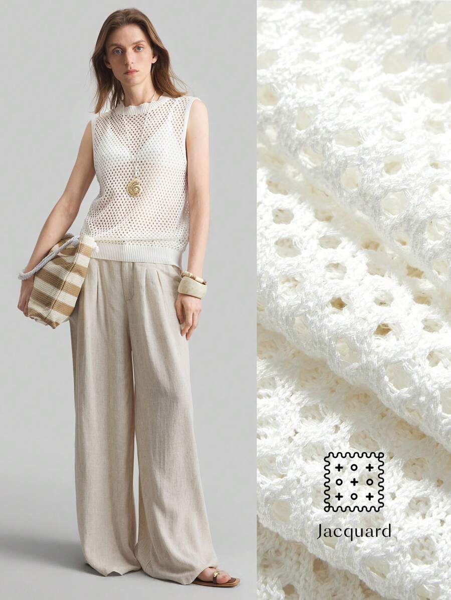 Ontre Vintage Boho Style Women Sleeveless Hollow-Out Crew Neck Knit Top, Solid Color
