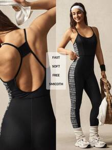 VARSITIE Black & White Retro Pattern Hollow-Out Back Skinny Yoga Jumpsuit - Black and White - View 5
