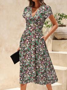 SHEIN Clasi Ditsy Floral Short Sleeve Summer Casual Dress, Simple & Fashionable For Everyday Wear - Pink - View 4