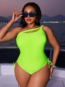Slaydiva 1 pieza Traje de baño de una sola pieza con pliegues en color verde neón talla grande con cordón para mujer, para verano y vacaciones en la playa - Verde - Ver 4