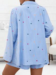 SHEIN LUNE Conjunto casual de 3 piezas para mujer talla grande, que incluye: camisa de manga larga con botones y rayas en forma de corazón, camiseta sin mangas de unicolor y shorts
