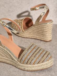 SHUZIA Giày đế xuồng quai mắt cá chân tối giản cho nữ có đế dày và gót cao - Vàng - Xem 4