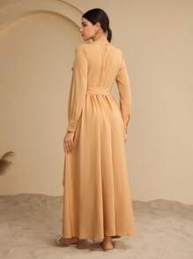 Graceveil Women's Round Neck Pleated Elegant Conservative Arabic Style Dress, Suitable For Daily Wear