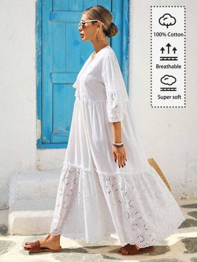 Vivid Eden Valentines Clothes,Easter,Women's V-Neck Fringed Rope Patchwork Embroidery Textured Fabric A-Line Vacation Dress,Spring Outfits For Women.Carnaval,White Dresses For Women,This Is A Loose And Long Dress, Good Quality, Comfortable And Nice Dress To Wear