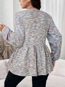 SHEIN LUNE 大码女式春/秋扎染印花荷叶边下摆灯笼袖圆领 T 恤