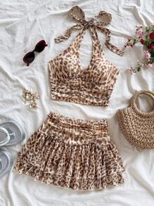Soleia Áo vest hở lưng cổ chữ V in họa tiết da báo cổ điển dành cho nữ kèm chân váy xếp ly 2 món mặc đi nghỉ thường ngày - Nhiều màu - Xem 4