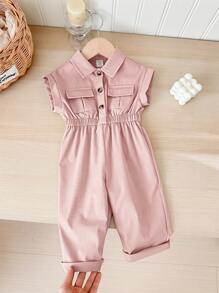 SHEIN Baby Mädchen rosa Kurzarm Jumpsuit mit geraffter Taille und Kragen, Sommer