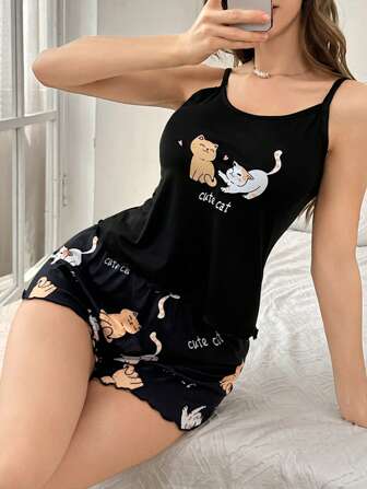 Cute Cat Print Ruffled Strap Shorts Pajama Set