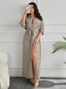 EURMUSE Plus Sıze Fancy Pocket And Belt Detaıl Long Dress - Beige - View 1