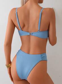 2 件蓝色条纹比基尼套装，U 型褶皱基本款泳装，适合海滩夏季度假 - 藍色 - 查看 2