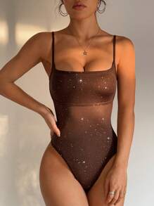 SHEIN Essnce Women's Sparkling Spaghetti Strap Bodysuit, Simple Stylish Casual Camisole For Daily Wear