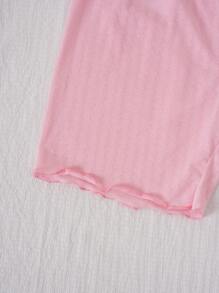 3pcs/Set Teen Girl Solid Color Hollow-Out Jacquard Knit Short Sleeve Top And Shorts With Headband, Lounge Set - Pink - View 4