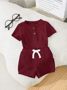 SHEIN Newborn Baby Boy/Girl Soft And Comfortable Short Sleeve Bodysuit With Shorts Set