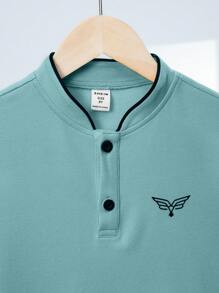 SHEIN Tween Boy's Varsity Collar Pattern Knit Short Sleeve Polo Shirt