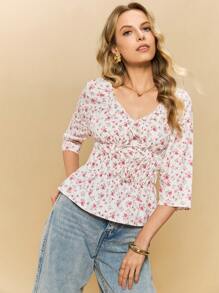 Poéselle 1 stuk dames blouse met vierkante kraag en ruches, middellange mouwen, minimalistische en casual dagelijkse kleding, bloemenblouse, blouse met rucheskraag