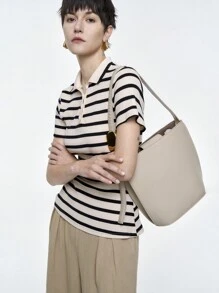 Aalyst 女士黑白撞色前扣短袖休闲针织 T 恤 - 彩色 - 查看 7