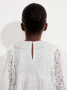 SHEIN Young Girls Sweet Ruffled Collar Puff Sleeve Mesh Embroidered Dresses - White - View 7