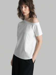 Ontre Women's Solid Color Asymmetric Collar Short Sleeve Casual T-Shirt, Summer