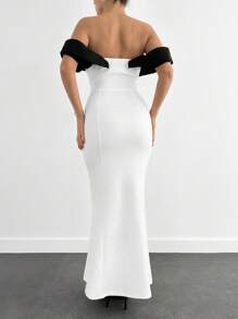 EURMUSE Two Tones Off Shoulder Ruffle Trim Bodycon Dress, Elegant Dress - White - View 2