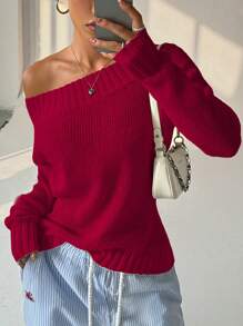 SHEIN Unity Suéter de manga larga de un solo color con cuello asimétrico y hombros asimétricos, de doble uso, para otoño/invierno, tejido de punto - Rojo - Ver 6