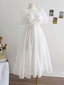 Soleia Vestido midi de línea A con mangas abullonadas y detalle torcido al frente, rosa, para primavera, talla grande