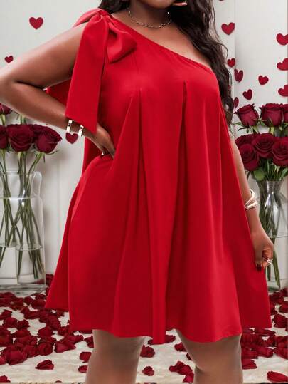 Slaydiva Vestido casual rojo liso de talla grande para mujer, para uso diario