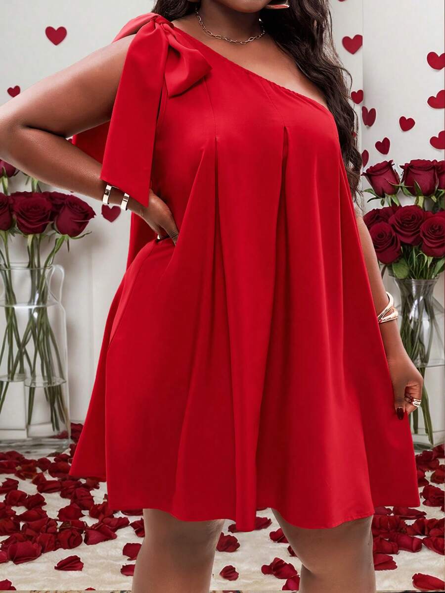 Slaydiva Plus Size Women's Simple Solid Red Casual Dress, Everyday Wear/Valentine's Day