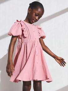 SHEIN Young Girls Casual Solid Color Textured Puff Sleeve Dress - Pink - View 4