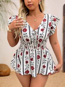 Breezaya 大码波西米亚风女式随机印花 V 领荷叶边袖腰部收口花卉帽袖休闲衬衫，舒适百搭，适合新年、音乐节、情人节、狂欢节、休闲聚会、海滩度假、公园野餐、通勤等。面料舒适，设计时尚，物有所值。，适合夏季