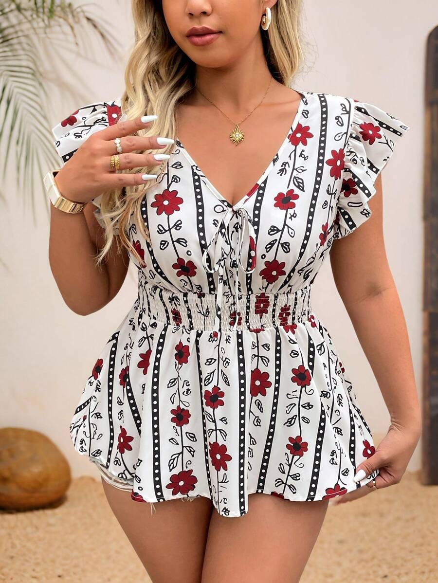 Breezaya 大码波西米亚风女式随机印花 V 领荷叶边袖腰部收口花卉帽袖休闲衬衫，舒适百搭，适合新年、音乐节、情人节、狂欢节、休闲聚会、海滩度假、公园野餐、通勤等。面料舒适，设计时尚，物有所值。，适合夏季