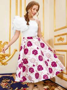 SHEIN Teenage Girls Ruffle Strap Knit Camisole Top And Elegant Floral Jacquard Skirt Set, Spring/Summer - Pink - View 1