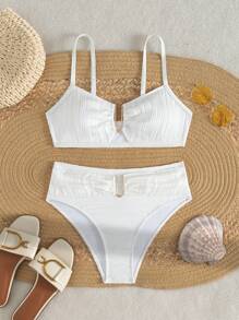 SHEIN Swim Conjunto de bikini de 2 piezas para mujeres con tirantes de hombros texturizados y escote en U - Blanco - Ver 6